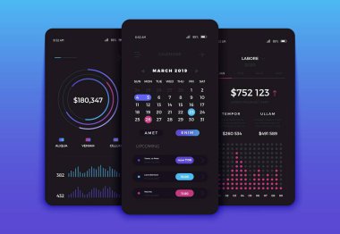 Mobil uygulama kullanıcı arayüzü ekran tasarımı. Modern Ui, Ux, Gui ekranları ve mobil uygulamalar ve duyarlı web sitesi için web simgeleri Vektör seti. Grafikler, istatistik ve takvim içeren mobil ui kiti