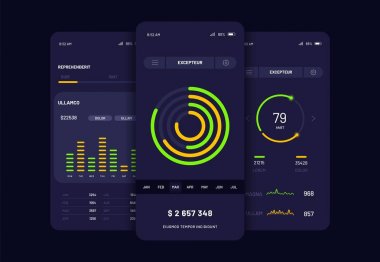 Mobil uygulama kullanıcı arayüzü ekran tasarımı. Modern Ui, Ux, Gui ekranları ve mobil uygulamalar ve duyarlı web sitesi için web simgeleri Vektör seti. Grafikler, istatistik ve diyagramlar içeren mobil ui kiti