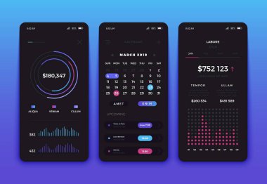 Mobil uygulama arayüz ekran tasarımı. Mobil uygulamalar ve duyarlı web siteleri için farklı Ui, Ux, Gui ekranları ve web simgeleri ayarlayın. Grafikler, istatistik ve takvim içeren mobil uygulamalar