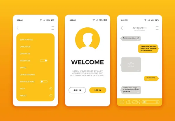 Mobile app user interface screen design. Vector set of modern UI, UX, GUI screens and web icons. Mobile ui kit with welcome window, registration, home page, concept chat messenger and settings — Stock Vector