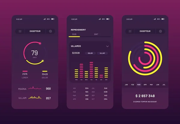 Projektowanie ekranu interfejsu użytkownika aplikacji mobilnej. Wektor zestaw nowoczesnych UI, UX, GUI ekranów i ikon internetowych dla aplikacji mobilnych i responsywna strona internetowa. Mobilny zestaw interfejsu użytkownika z wykresami, schematami i statystyką — Wektor stockowy