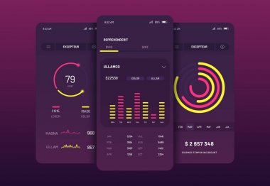 Mobil uygulama arayüzü tasarımı Ui Ux. Modern mobil kullanıcı arayüzleri seti, farklı Gui düzeni ile mobil uygulama ui kiti, trend renklerde mockup vektör