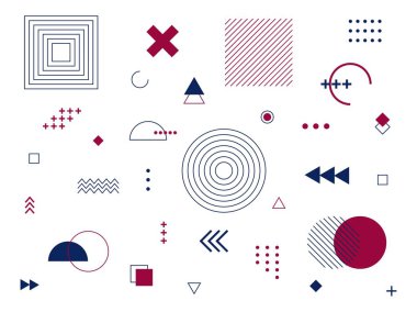 Memphis geometrik tasarım elemanları. Retro 80-90s eğilimleri funky tasarımlar, evrensel geometrik şekiller seti, konstrüktivizm memphis baskı sembolleri koleksiyonu