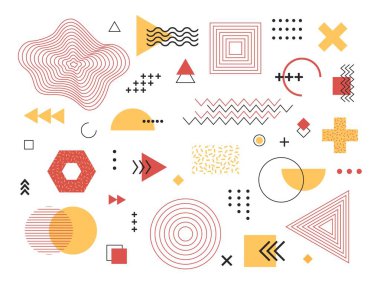 Memphis retro tasarım elemanları. 90s trendy geometrik şekiller, dergi, broşür, billboard, satış için vintage baskı illüstrasyon yapılandırma elemanı ayarlayın. Memphis vektör izole semboller toplama