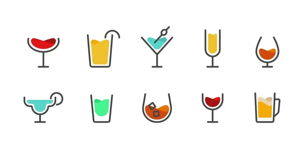 Alcoholic cocktails thin line icons set. Outline symbol collection of classic beverages like wine, gin, champagne, beer. Editable vector stroke — Stock Vector