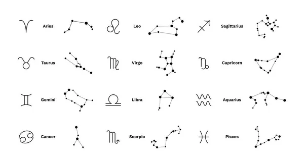 Znamení souhvězdí zvěrokruhu. Stylizované symboly horoskopické linie v astrologii. Vektorová sbírka všech 12 zodiakálních konstelací — Stockový vektor