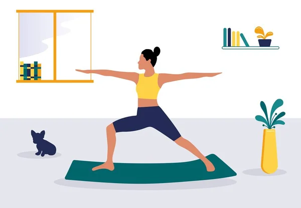 Woman practice yoga. Vector concept illustration of young girl for yoga, relax, recreation, healthy lifestyle in flat cartoon style. Girl performing aerobics exercise standing position
