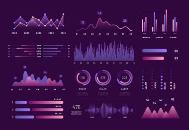 Akıllı infografik teknoloji Ui arayüzü. Renkli grafikler, diyagramlar, seçenekler, sunum için parça süreçleri ile vektör ağ yönetimi veri ekranı. Arayüz şablonu dijital illüstrasyon