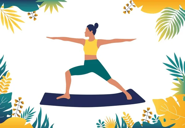 Woman practice yoga in nature and leaves. Vector concept illustration for yoga, relax, recreation, healthy lifestyle in flat cartoon style. Sporty girl performing aerobics exercise standing position — Stock Vector