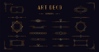Art deco bölücü başlık seti. Altın retro artdeco sınır 1920'lerde dekoratif süsler, düğün davetiye kartı için vektör minimal zarif altın çerçeveler yaratıcı şablon tasarım