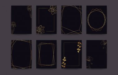 Lüks altın doku kartı seti. Vektör vintage zarif broşür altın geometrik çerçeve ve çiçek deseni ile arka plan kapağı, moda kuponu için tasarım şablonu, düğün davetiyesi