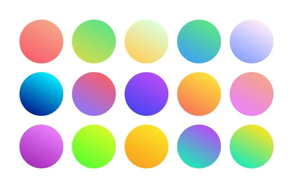 Kleurovergang holografische ronde bol knop. Trendy minimalistische Multicolor Neon paars blauwe vloeistof geel oranje cirkel verlopen. Set van levendige kleur bollen in moderne 80s stijl — Stockvector