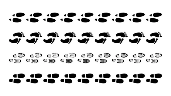 Empreinte de pas humains drôles de chaussures. Suivre les étapes de la route des chaussures de pied piste, pieds nus sentier de marche avec goupille de navigation. Les gens pas pattes sentier silhouette — Image vectorielle