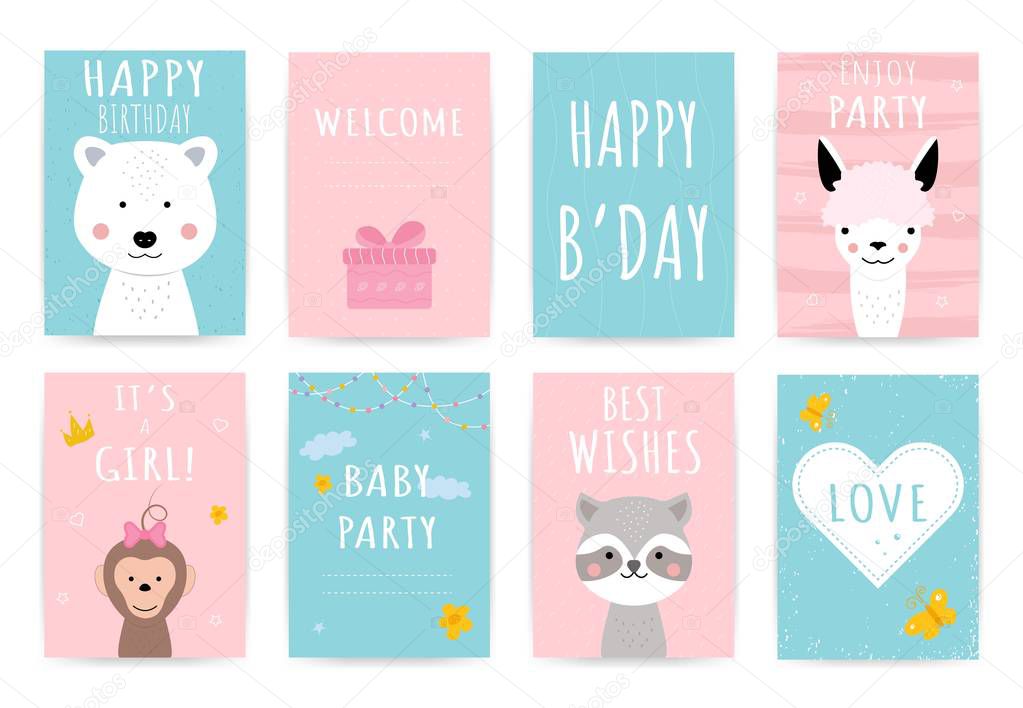 Hand drawn card with cute animals. Blue pink birthday greeting postcard, party, baby shower invitation. Posters in pastel colors