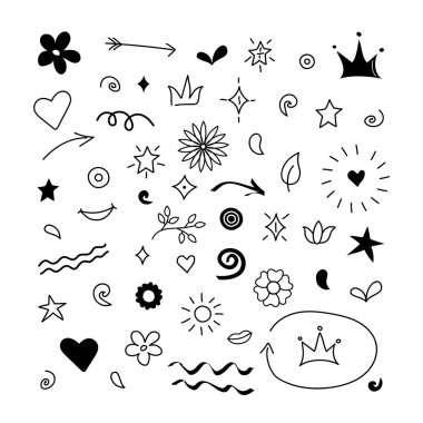 Karalama soyut oklar, swishes, swoops, çiçekler. Vektör el çizilmiş elemanları, kaligrafi girdap, kuyruk, kalp, dekorasyon için grafiti taç konsept tasarımı