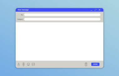 E-posta iletisi penceresi. Posta uygulaması arayüzü şablonu, internet mesajı e-postaları ve online geribildirim boş çerçeve, Ui tasarım gönderin. Vektör illüstrasyon mockup sayfası