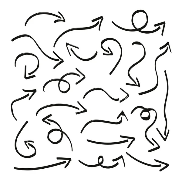 Conjunto de flecha de dibujo a lápiz Doodle. Flechas curvas grunge abstractas dibujadas a mano para el diseño conceptual. Vector tinta escritura flechas colección — Vector de stock