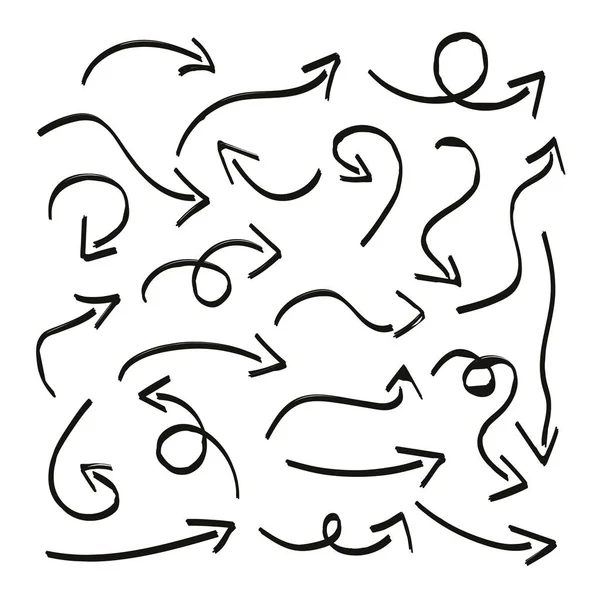 Doodle kalem çizim ok seti. Kavram tasarımı için elle çizilmiş soyut grunge kavisli oklar. Vektör mürekkep yazma okları koleksiyonu