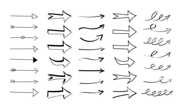 Freccia dell'alba della mano impostata. Raccolta di icone di frecce curve vettoriali in stile doodle — Vettoriale Stock