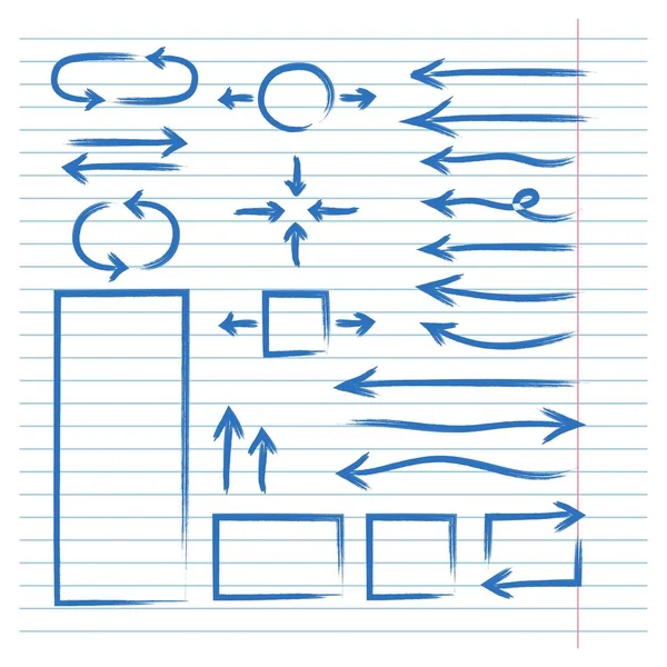 Ručně nakreslené šípy. Sada šipek a kružnic na linkovaném papíře s kreslené vektorovou konstrukcí — Stockový vektor