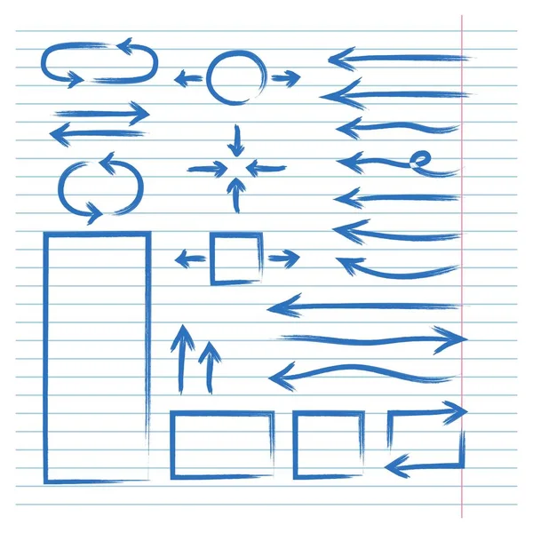 手描きの抽象的な落書き矢印。裏打ちされた用紙上の矢印と円の手描きベクトルデザインセット — ストックベクタ