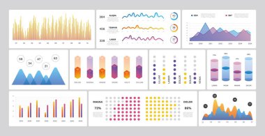 Infographic teknolojisi Ui arayüzü. Vektör ağ yönetimi veri ekranı grafikler, diyagramadımları, seçenekler, sunum için parça süreçleri. Arayüz şablonu dijital illüstrasyon