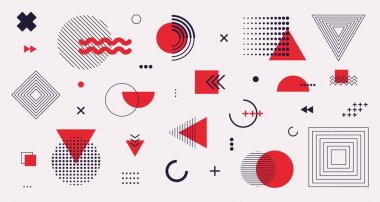 Memphis tasarım elemanları mega set. Vektör soyut geometrik çizgi grafik şekiller, modern hipster daire üçgen şablonu renkli illüstrasyon