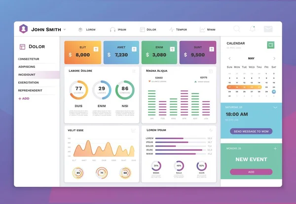 Infografik ui pano şablonu. Düz tasarım grafikleri, grafikler ve diyagramlar ile modern yönetici panel arayüzü. Vektör analitik rapor bilgi grafik elemanları