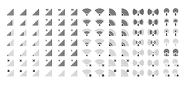 Cep telefonu bar sistemi simgeleri. Kablosuz pil şarj seviyesi, wifi sinyal gücü vektör simgesi ağ bağlantı düzeyleri pictogram. Akıllı telefon gücü ve pil çubuğu