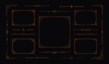 Art deco elementleri. Mega set altın çerçeve, sınır, bölme, eski filigran süsü, klasik çizgi dekoratif unsurlar. Modern vektör illüstrasyonu