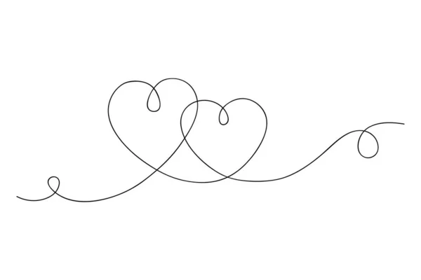 Desenho contínuo de coração de uma linha. Preto contorno amor sinal doodle estilo, design mínimo linear abstrato de dois corações isolados no fundo branco. Ilustração vetorial — Vetor de Stock