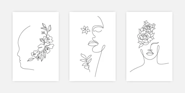 Minimalne twarze jednej linii. Liniowy wzór szablonów kobiecy portret z kwiatami, abstrakcyjna koncepcja mody druku. Vector zestaw prostych plakatów ciągłych linii, okładki — Wektor stockowy