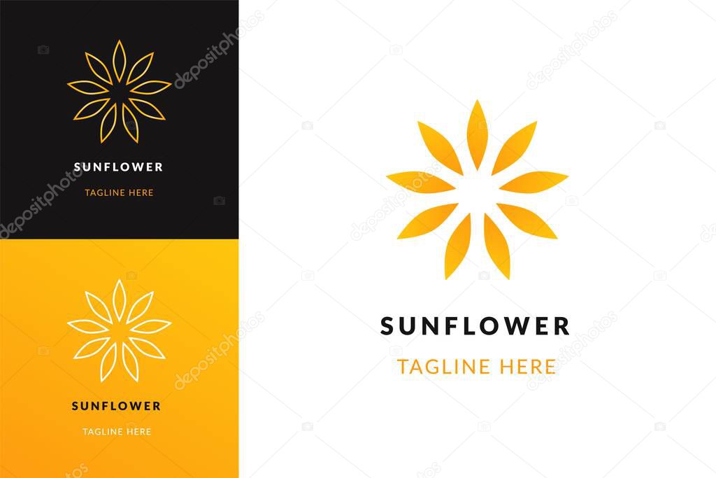 Sun flower logo. Sunflower logotype concept on gradient yellow black white background flat line style. Botanical icon for yoga, wellness spa, beauty companies. Vector illustration.