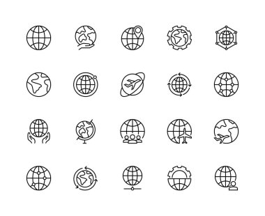 Dünya küre çizgisi simgeleri. Küresel gezegen simgesi düzenlenebilir vuruşlar ayarladı. Basit doğrusal vektör çizimi