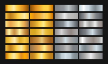 Altın gümüş parıltı dokusu eğimli arkaplan. Parlak krom kenar, çerçeve, kurdele, etiket tasarımı için vektör folyo altın metal kurdele seti