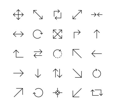 İnce ok yön bulma çizgisi simgesi ayarlandı. Vektör ana hatları karışık felçli ağ sembolleri. Dijital uygulamalar için basit doğrusal ok rastgele işaretleyici işaretleri
