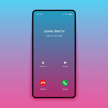 Akıllı telefon çağrısı ekran modeli. Cep telefonu arayüzü ekran araması geri çevirme düğmesini kabul et. Vektör illüstrasyonu
