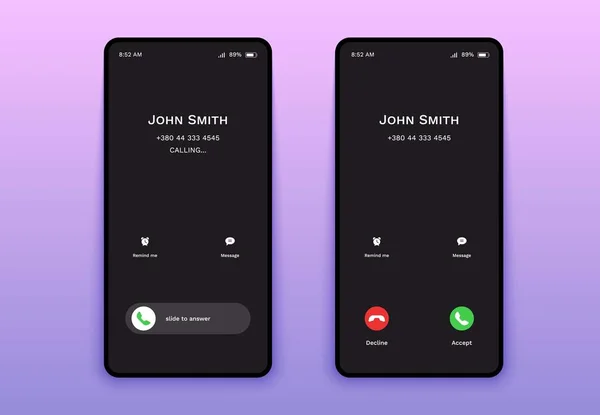 Mobil akıllı telefon, gelen arama modeli. Telefon arayüzü kabul etme düğmesi. Vektör illüstrasyonu