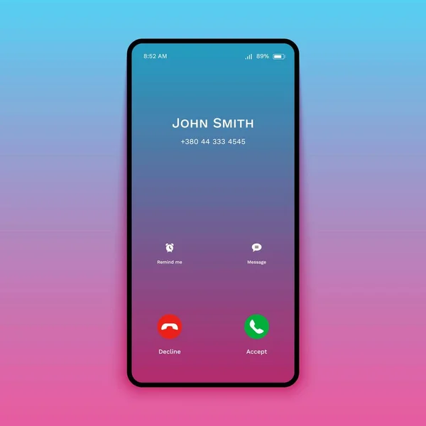 Akıllı telefon çağrısı ekran modeli. Cep telefonu arayüzü ekran araması geri çevirme düğmesini kabul et. Vektör illüstrasyonu