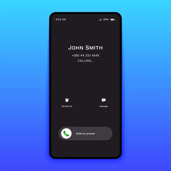 Smartphone gelen arama ekranı modeli. Reddetme düğmesine cevap vermek için cep telefonu arayüzü geçiş kartı. Vektör illüstrasyonu