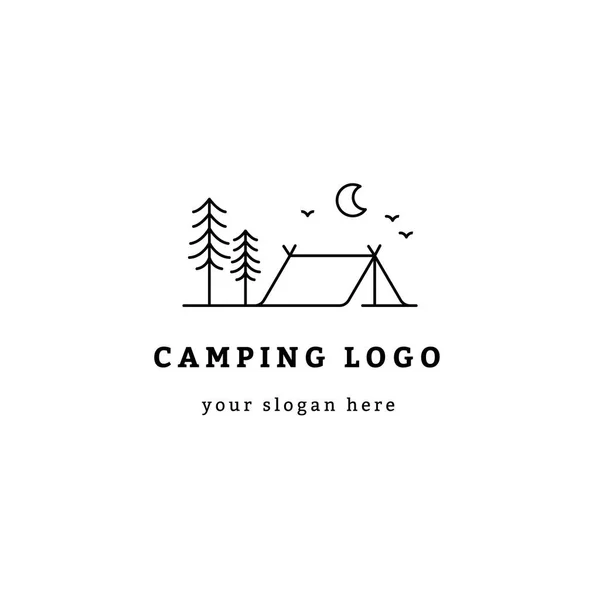 Logo de camping de línea simple. Signo de aventura al aire libre símbolo de senderismo estilo hipster minimalista. Tatuaje pequeño, logotipo para la marca — Vector de stock