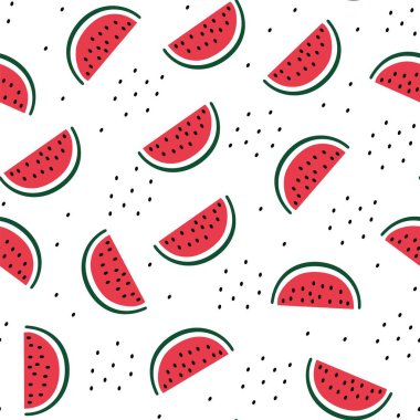 Karpuz dikişsiz desen. Soyut el çizimi karpuz dilimleri doku izole edilmiş beyaz zemin. Vektör illüstrasyonu