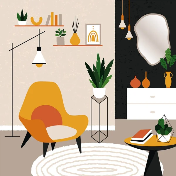 Salon intérieur avec fauteuil. Loft appartement décoré style hygge scandinave, étagère plantes d'intérieur lampe table miroir plat vecteur design — Image vectorielle