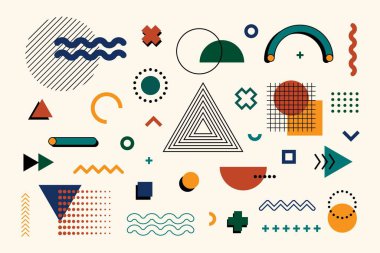 Memphis tasarımı mega set elementleri. Soyut geometrik çizgi şekilleri hipster tarzı, vektör çizimi
