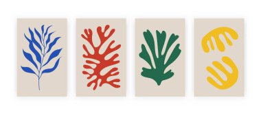Organik şekilli soyut posterler. Matisse 'in esinlendiği çağdaş kolaj, botanik elementler seti. Vektör illüstrasyonu