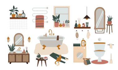 Banyonun içi sıcacık. Tuvalet desenli İskandinav banyosu. Modern vektör illüstrasyon sarılması boho tarzı