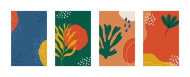 Soyut özgeçmiş ayarlandı. Çağdaş posterler, İskandinav tarzı, el çizimi düz moda tasarımı kapsıyor. Modern vektör illüstrasyonu