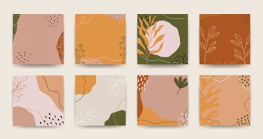 Soyut arkaplan seti. Karalama elle çizilmiş organik şekiller çağdaş tarz, moda kolajlar. Modern vektör illüstrasyonu