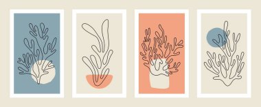 Soyut mercan posterleri. Çağdaş organik şekiller minimalist Matisse tarzı, renkli mercanlar, grafik vektör çizimi
