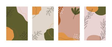 Soyut posterler. Elle çizilmiş karalama ile çağdaş arkaplan seti çiçek elementleri İskandinav tarzı şekiller